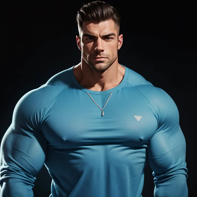 a very handsome, massively muscular man with massively large muscles, wearing a simple light blue sweatshirt, on a black background