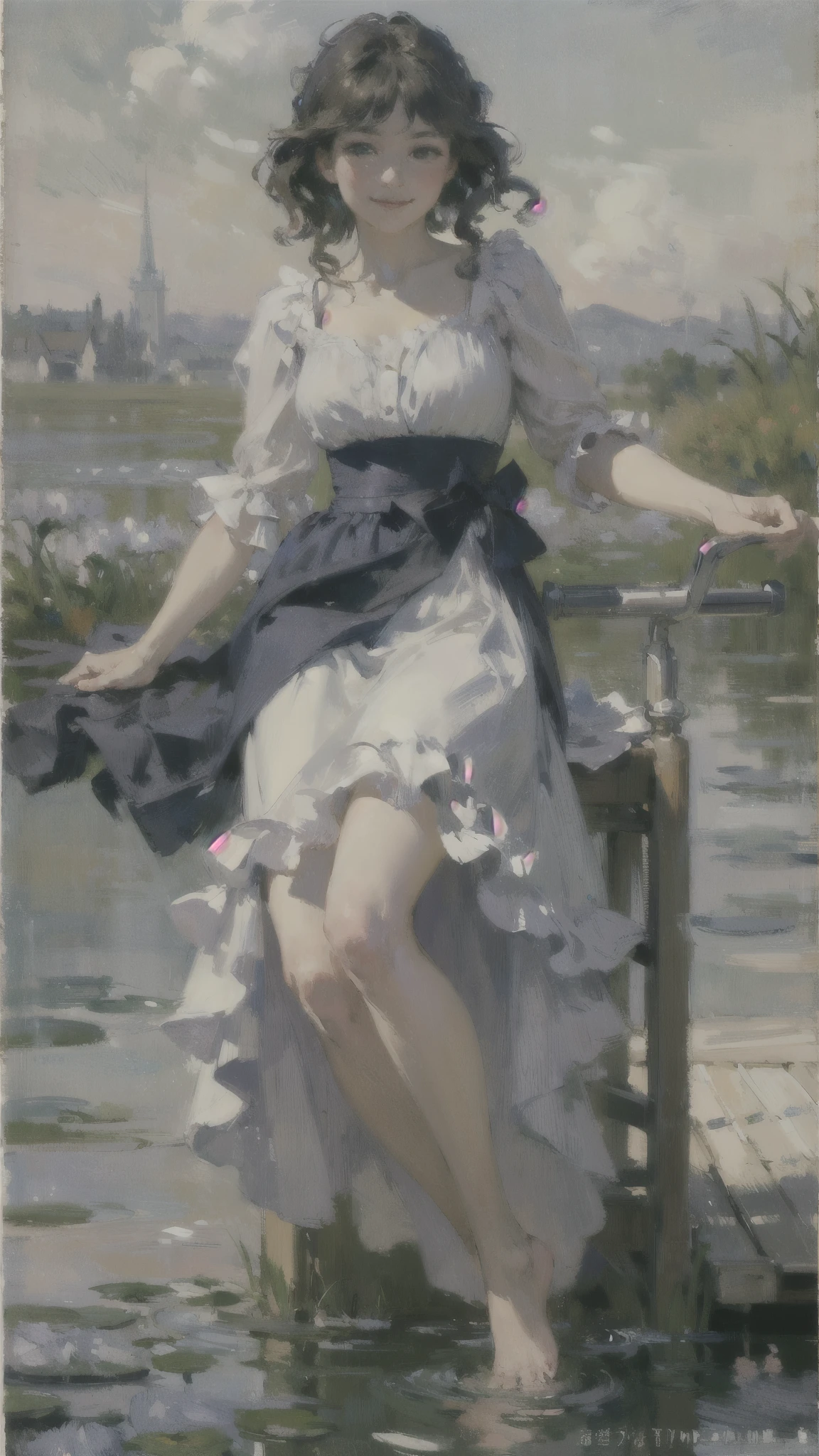 (masterpiece、Highest quality:1.2)、Close-up shot、1 female、Floating slightly above the water surface、barefoot、ankle、Moderate bust、Black Hair、Wavy Hair、smile、pastel colour、Post-Impressionism、oil、(Monet style)、