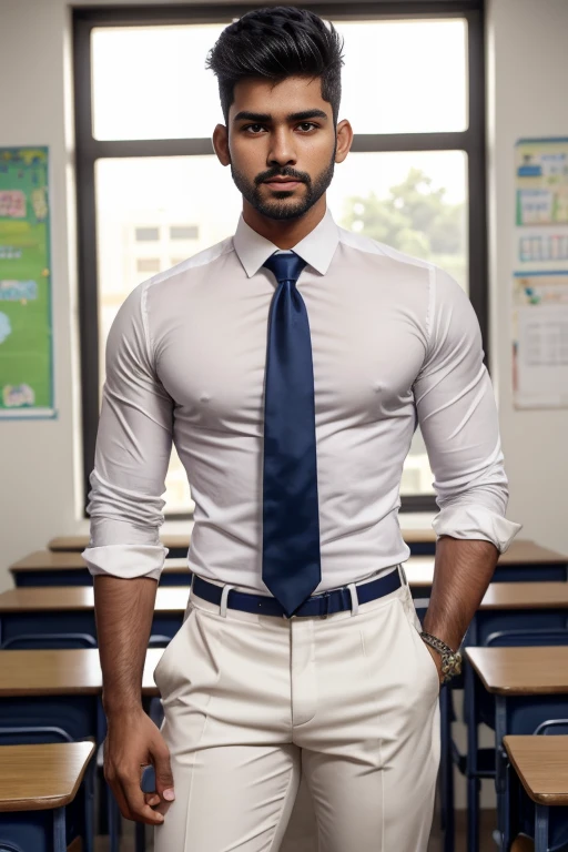 18 years old indian school boy with small beard mascular dark skin jaat with spiky hairstyle in , head to thighs, indian school boy, beautiful eyes, large lips, volumeric light, wearing tight white shirt, navy trouser, navy tie, muscular chest, long legs, left neck look, Wide shoulders, nice detailed hands, standing in school classroom background, sunny day, daylight