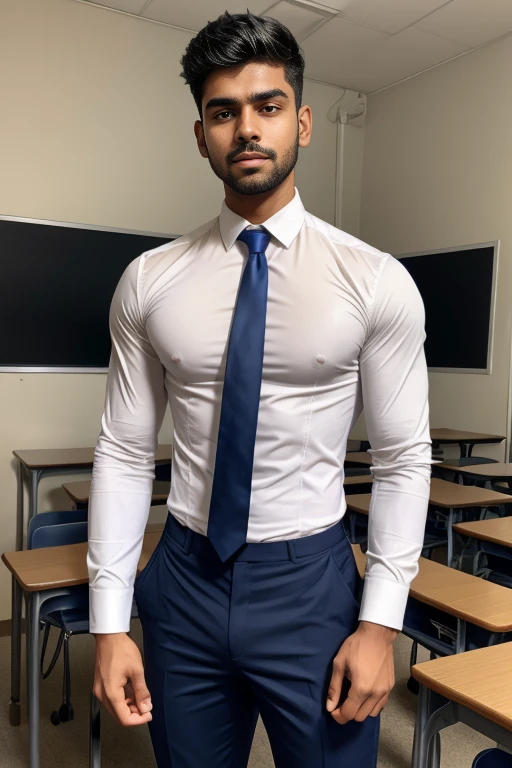 18 years old indian school boy with small beard mascular dark skin jaat with spiky hairstyle in , head to thighs, indian school boy, beautiful eyes, large lips, volumeric light, wearing tight white shirt, navy trouser, navy tie, muscular chest, long legs, left neck look, Wide shoulders, nice detailed hands, standing in school classroom background, sunny day, daylight