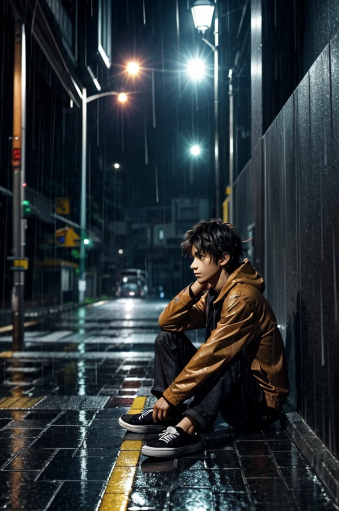 An anime lonely boy is sitting in the street while its raining at night, he is in a very bad shape , he is homeless very skinny and is stairng at the rain
