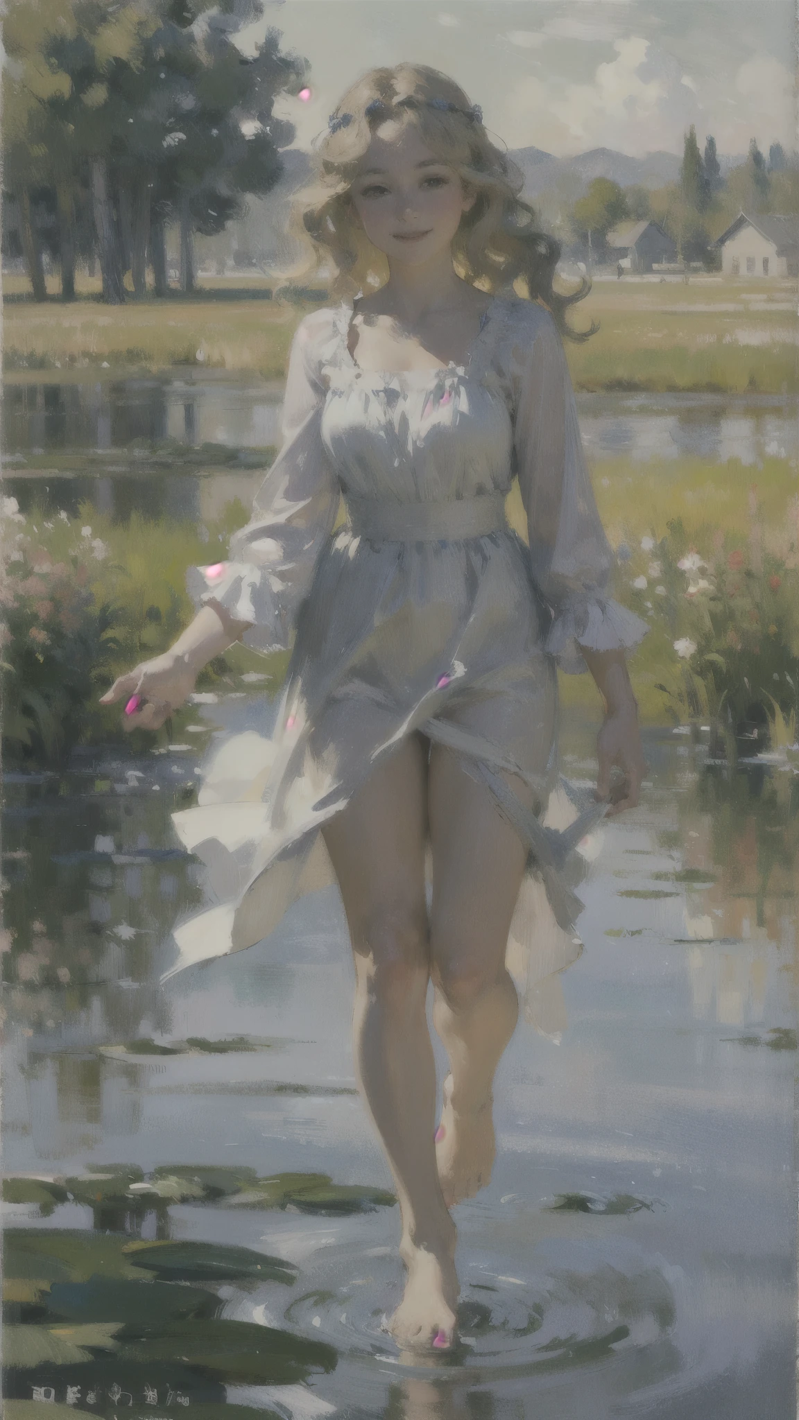 alone in the universe, Paint in watercolor style, Photorealism, discreet golden and ruby and mint shades, (nude) a gentle, modest thin girl  with a very beautiful, exquisite face of the southern type with tender nipples walks barefoot in the distance (around the southern town) early morning (along the houses), (in profile)