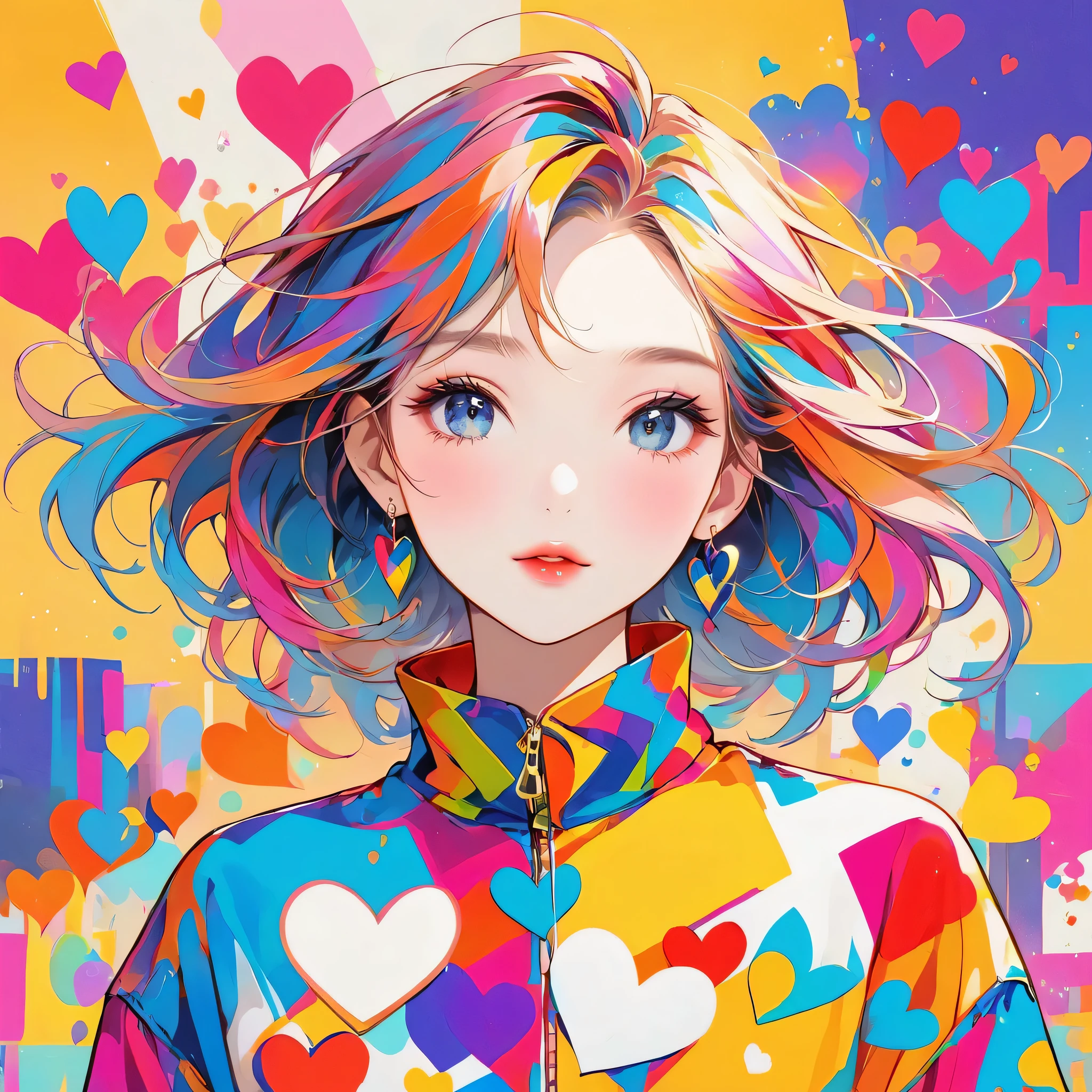 Mika Pikazo colorful style, Simple Line Initialism,Abstract art,Urban Background, (((The most beautiful girl of all time))), Sweet face. Lips in love, colorful hearts, stylish design