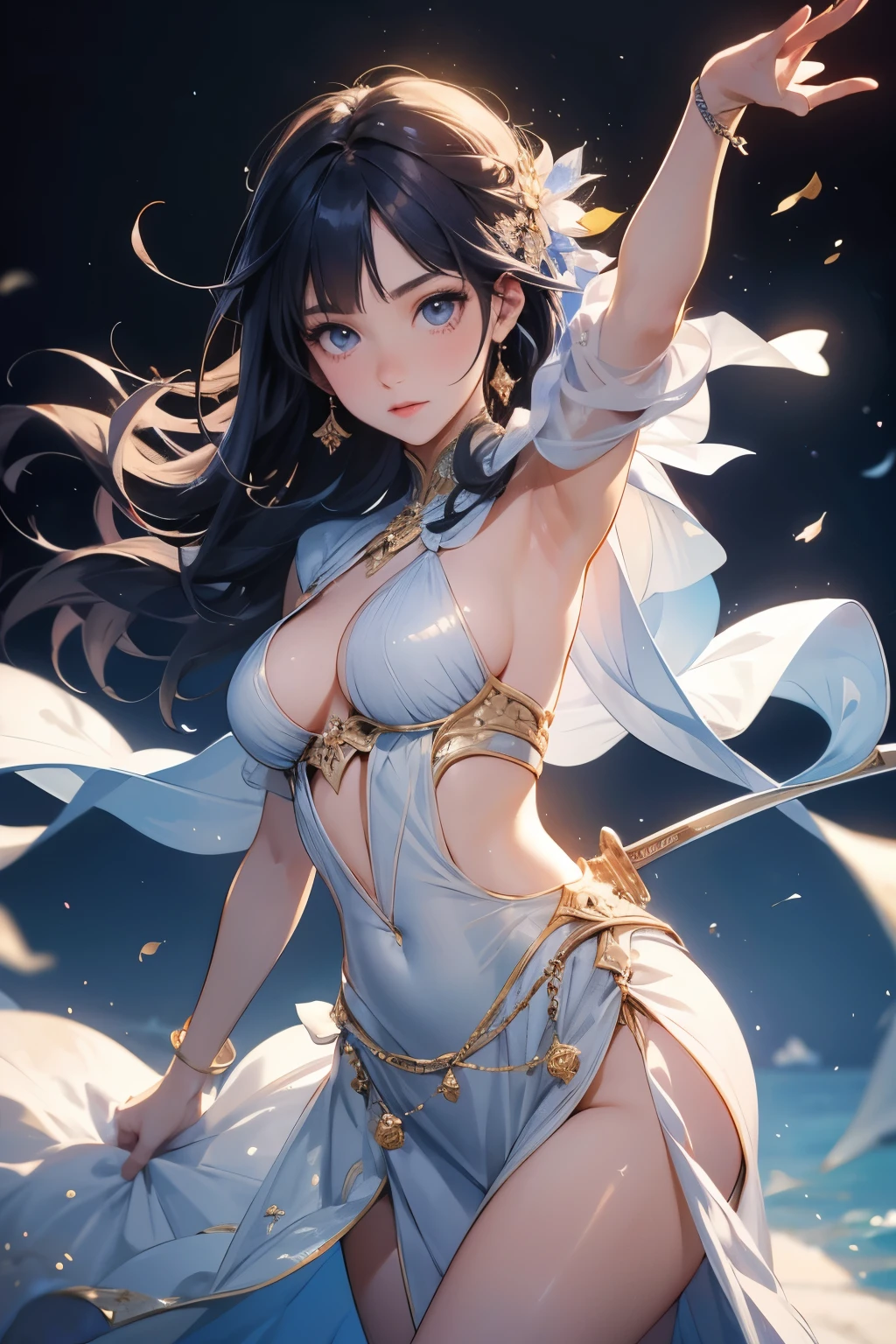 (Arabian Nights)、(A beautiful woman dances with a sword in each hand:1.2)、(Dance of the Sword:1.2)、(The sword is curved like a crescent moon.)、(See-through sexy outfitotion Blur)、Cinematic Light、Soft Light、Soft Focus、Bokeh、RAW Photos、Professional photos、The hustle and bustle in the palace hall、Blur the background、(Highest quality, masterpiece, High resolution)、4K、wallpaper