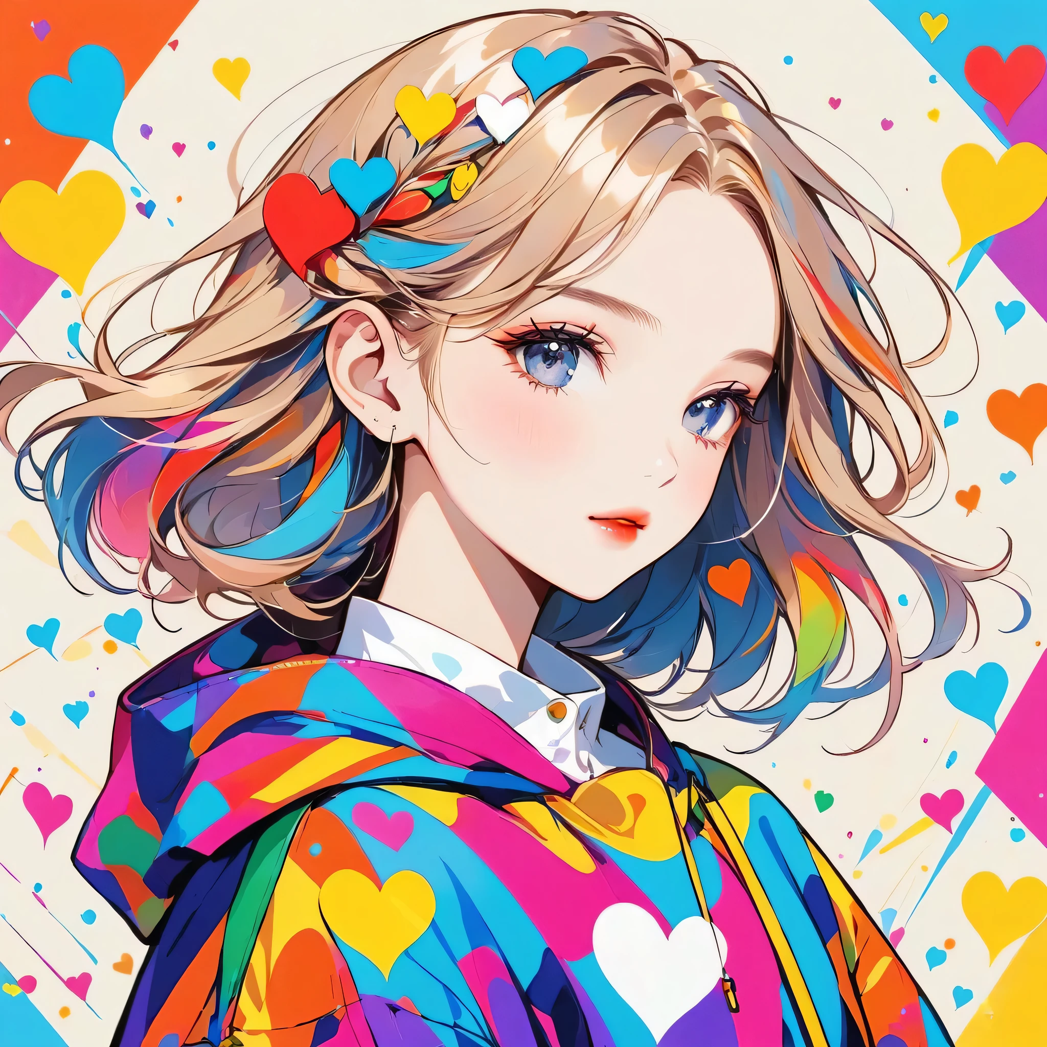 Mika Pikazo colorful style, Simple Line Initialism，Abstract art，Urban Background, (((The most beautiful girl of all time))), Sweet face. Lips in love, colorful hearts, stylish design