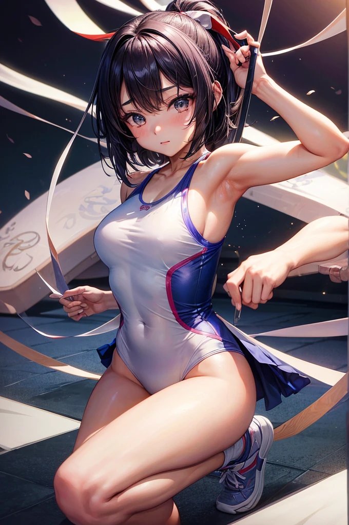 (Highest quality、8k、Masterpiece)、の女性Gymnast、Gymnast、Leg splits、The most beautiful Japanese woman in the world、装飾が沢山付いたGymnastのハイレグ、Heavy makeup