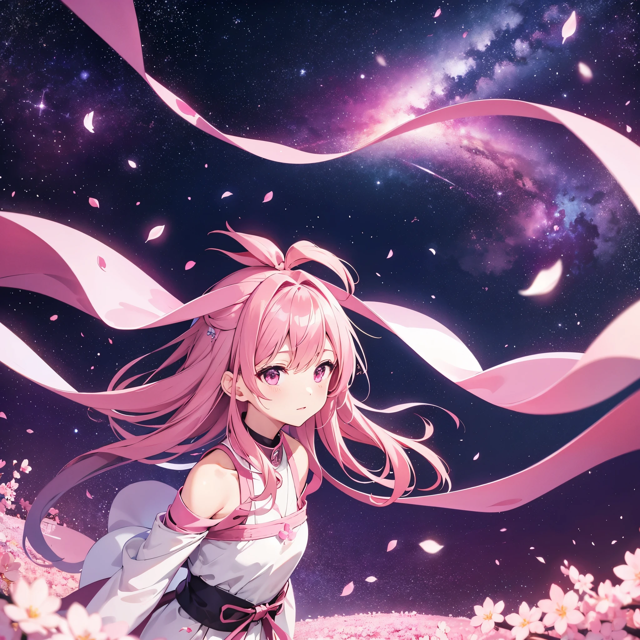 Sky background with sakura petals, space fantasy landscape in dark pink tones. Without a person just a background.