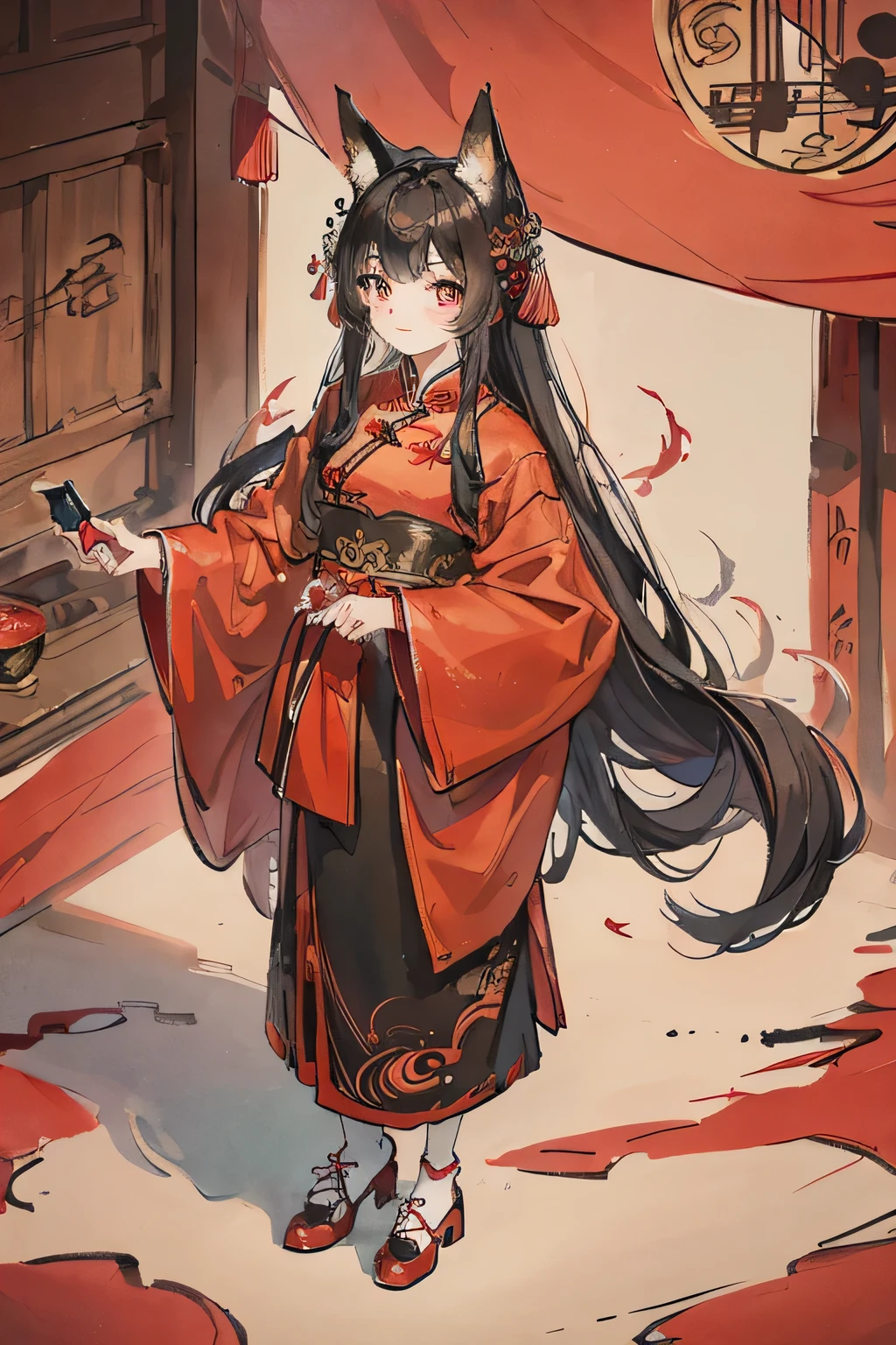 Chinese legends，Nine-tailed fox girl，16 years old，With fox ears，Full-length lens，Red and black Hanfu，Chinese Clothing，cute，Wear red shoes，Standing，Chinese color ink style，Fine-brush Painting，high quality，More details，8k