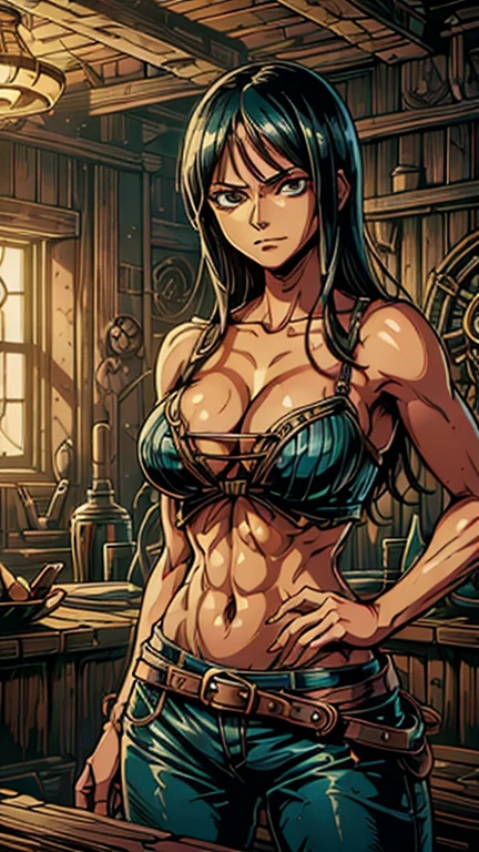 (1girl, nico robin), (extremely detailed CG unit 8k wallpaper),(master part), (best quality), (ultra detail), (best illustration),(style of Dan Mumford), cowboy shot, (Sharp eyeliner, ombre, detail eyes:1), dark tavern interiors background, ,break , (salvagepirateworld), upper body,