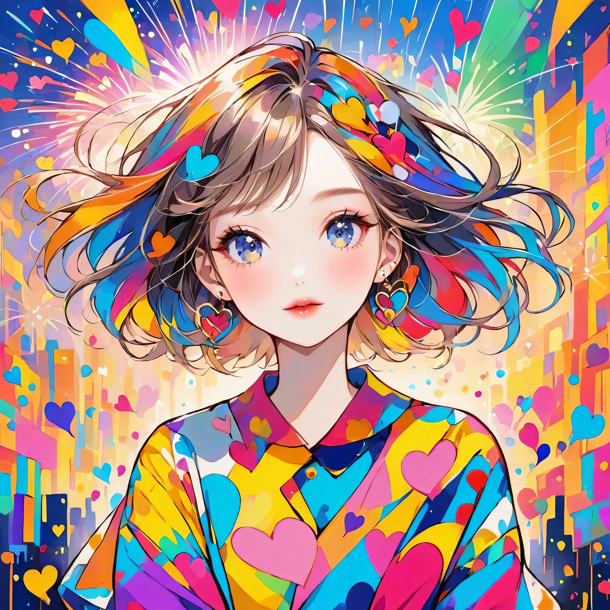 Mika Pikazo colorful style, Simple Line Initialism,Abstract art,Urban Background, (((The most beautiful girl of all time))), Sweet face. Lips in love, colorful hearts, stylish design, The background is fireworks