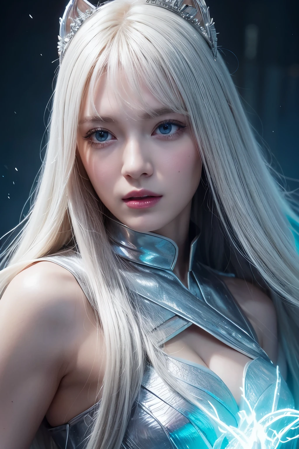 spelling the magic, wearing something like cosplay outfit, impossible fantasy scene, ground visible in the distance, holding a mage rod, flashing thunder from the mage rod, detailed face, long white hair, beautiful white-colored translucent skin, detailed eyes, detailed lips, beautiful long eyelashes, photorealistic, highly detailed, 8k, best quality, masterpiece, vibrant colors, dramatic lighting, cinematic composition, digital art