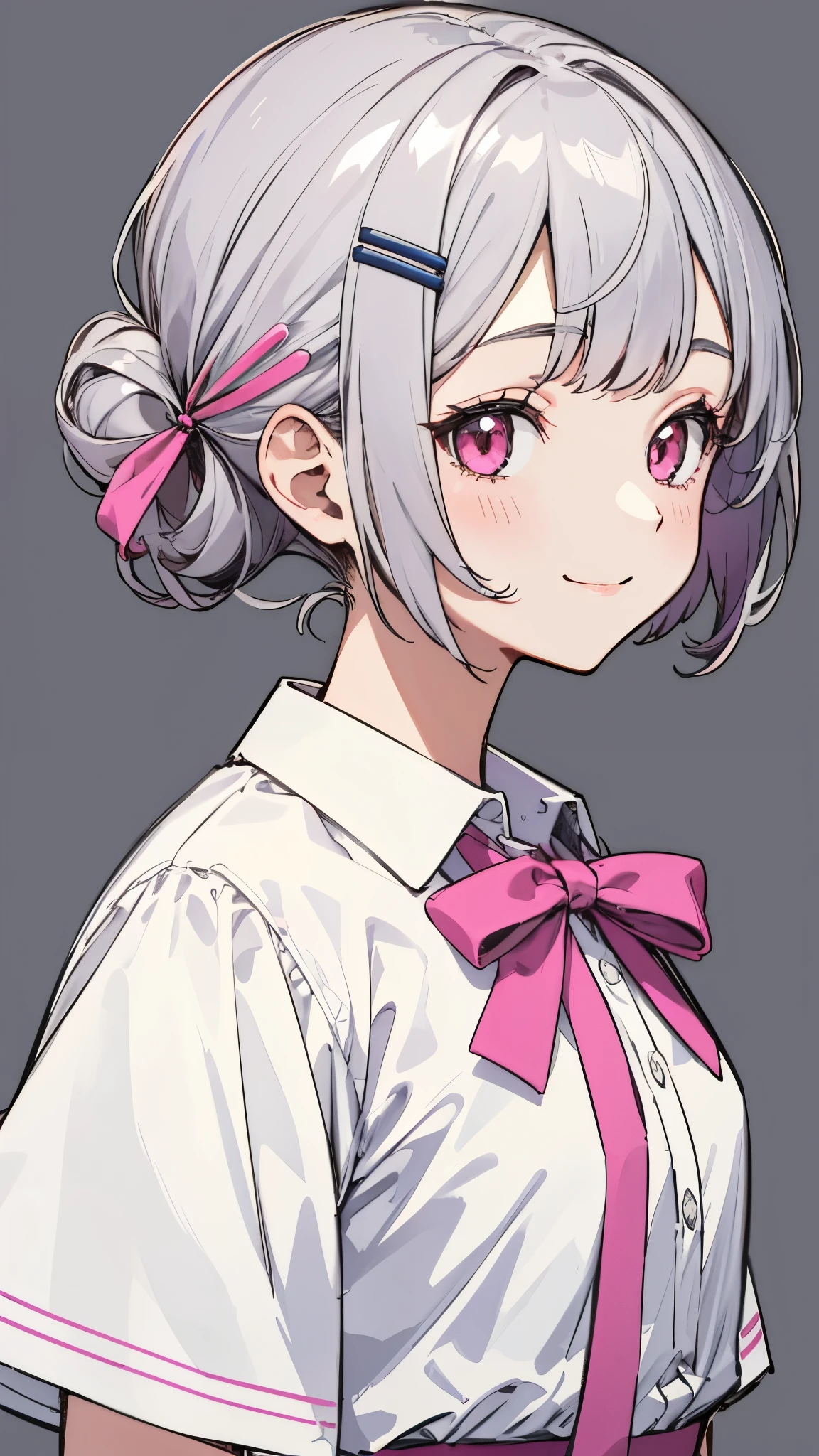 masterpiece、Highest quality、High resolution、Very detailed、Detailed Background、1 girl、She is 17 years old、Mid-chest、White blouse、Culottes、Pink Ribbon、Short silver and bob hairstyle、Tie your hair up with a hair clip、Pink Eyes、smile、From the side、Upper body close-up