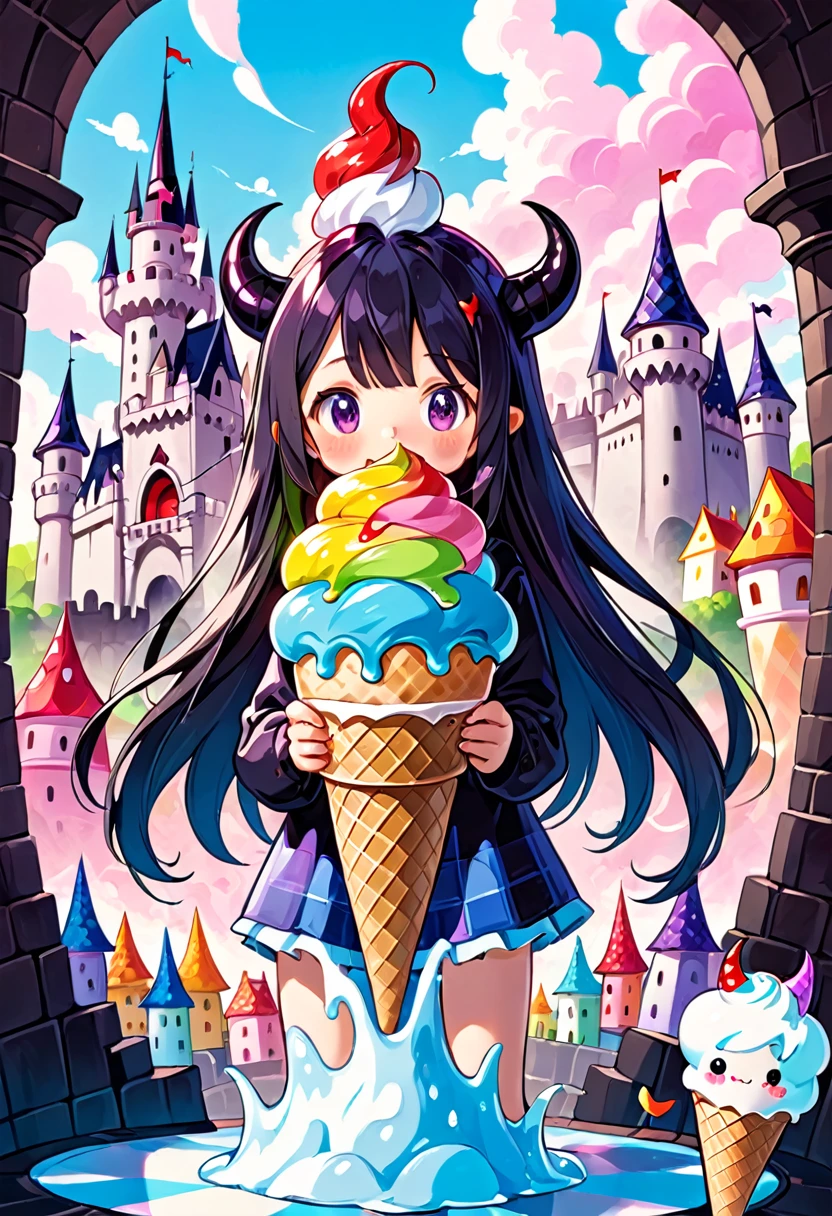 cute pretentious girl, colorful soft serve ice cream, poorly drawn cartoon-style images, colorful patchwork of contrast magic, funny dark fantasy , background demon castle