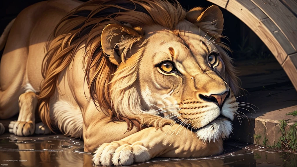 The Lion’s Regretful Expression: A close-up of the lion's face showing sorrow and regret, reflecting on his missed opportunity.