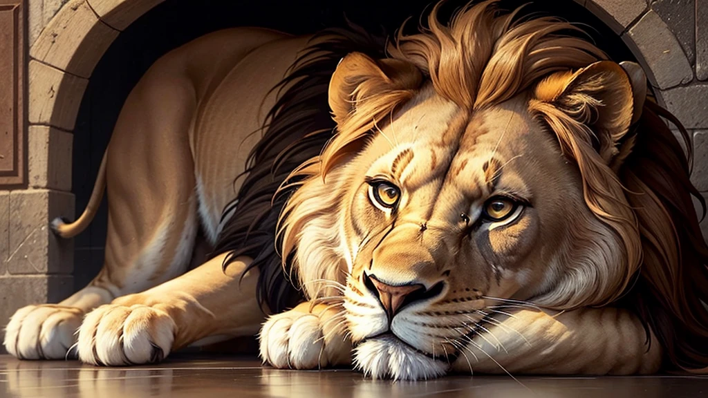 The Lion’s Regretful Expression: A close-up of the lion's face showing sorrow and regret, reflecting on his missed opportunity.