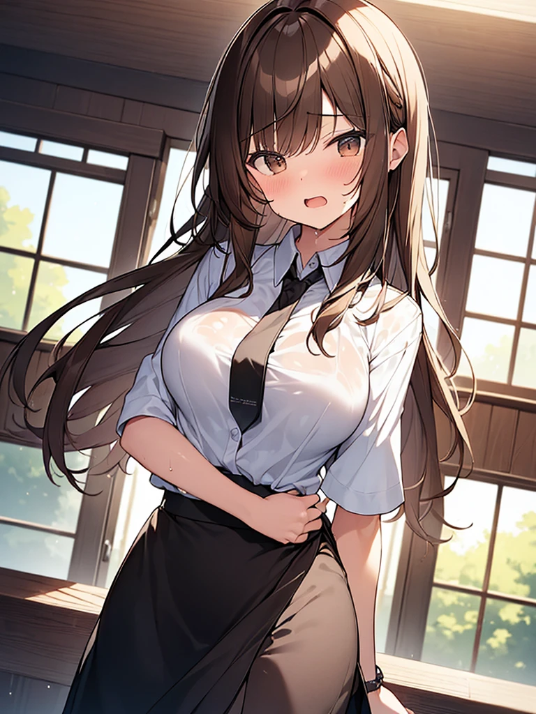 (Masterpiece, Top quality: 1.5), (1 girl, solo :1.2), (large breasts:1.4), (hold breasts:1.4), (cute design short-sleeved shirt, midi skirt:1.4), standard weight, (brown hair:1.4), (airy hair, wavy hair:1.3), long hair ,asymmetry bangs, swept bangs, 12 year old, angry:1.3, (flustered:1.3), beautiful scene of living room, dynamic pose, magnificent panorama view, wet:1.1, open mouth