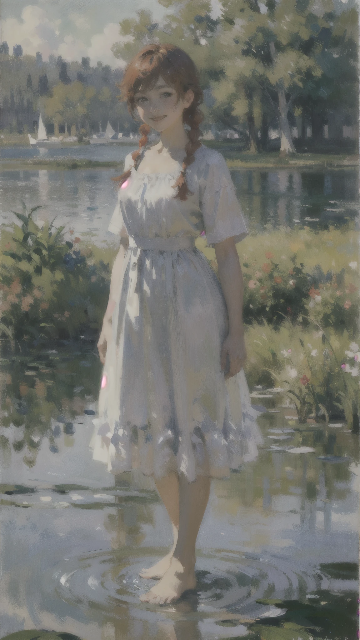 (masterpiece、Highest quality:1.2)、Close-up shot、1 female、Standing on the surface of the water、barefoot、ankle、Moderate bust、Red hair、Braid、Freckles、smile、pastel colour、Post-Impressionism、oil、(Monet style)、