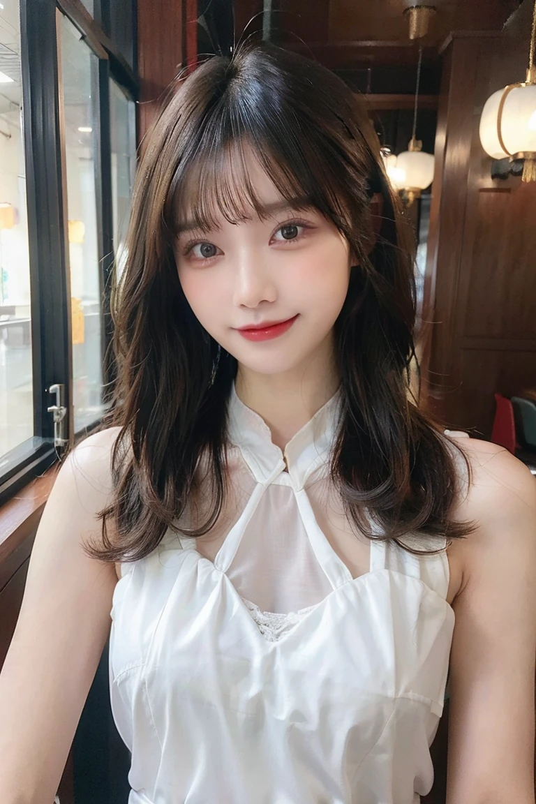 ((masterpiece、Highest quality))、shape、Very detailedな、8k、Actual、Sharp focus、Very detailed、Professional Lighting、Spotlight、Colorful details、Detailed Texture,Amazingly beautiful girl,Wear a see-through Chinese dress,(The most suitable hairstyle:1.4)、(in the most helpful way:1.3)、(Half-body photo:1.4)、Big Breasts、Perfect Style、body、18-year-old、smile、