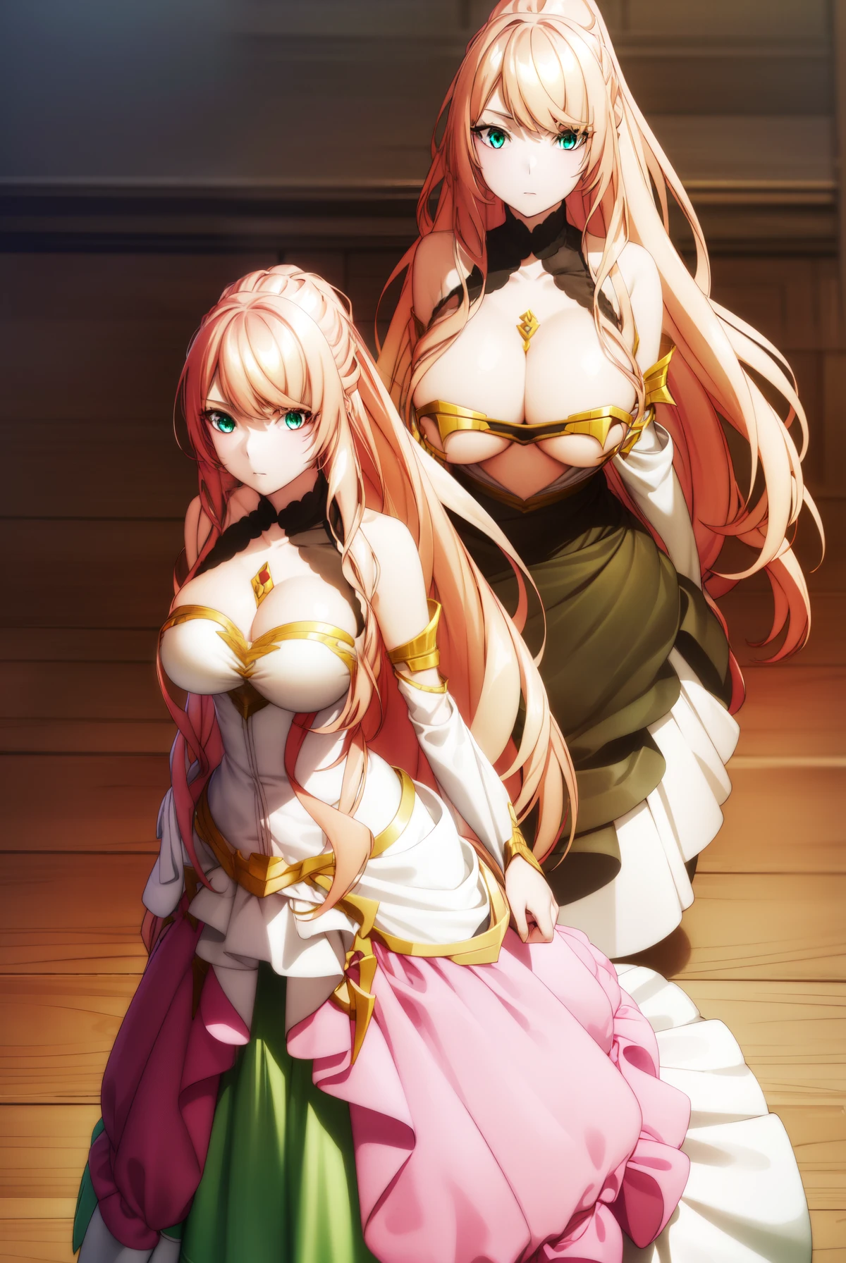 lexiavonarselia, lexia von arselia, long hair, blonde hair, (green eyes:1.5), ponytail, pink hair, (((big breast))), large breast, BREAK dress, bare shoulders, detached sleeves, white dress, BREAK looking at viewer, full body, (masterpiece:1.2), best quality, high resolution, unity 8k wallpaper, (illustration:0.8), (beautiful detailed eyes:1.6), extremely detailed face, perfect lighting, extremely detailed CG, (perfect hands, perfect anatomy),