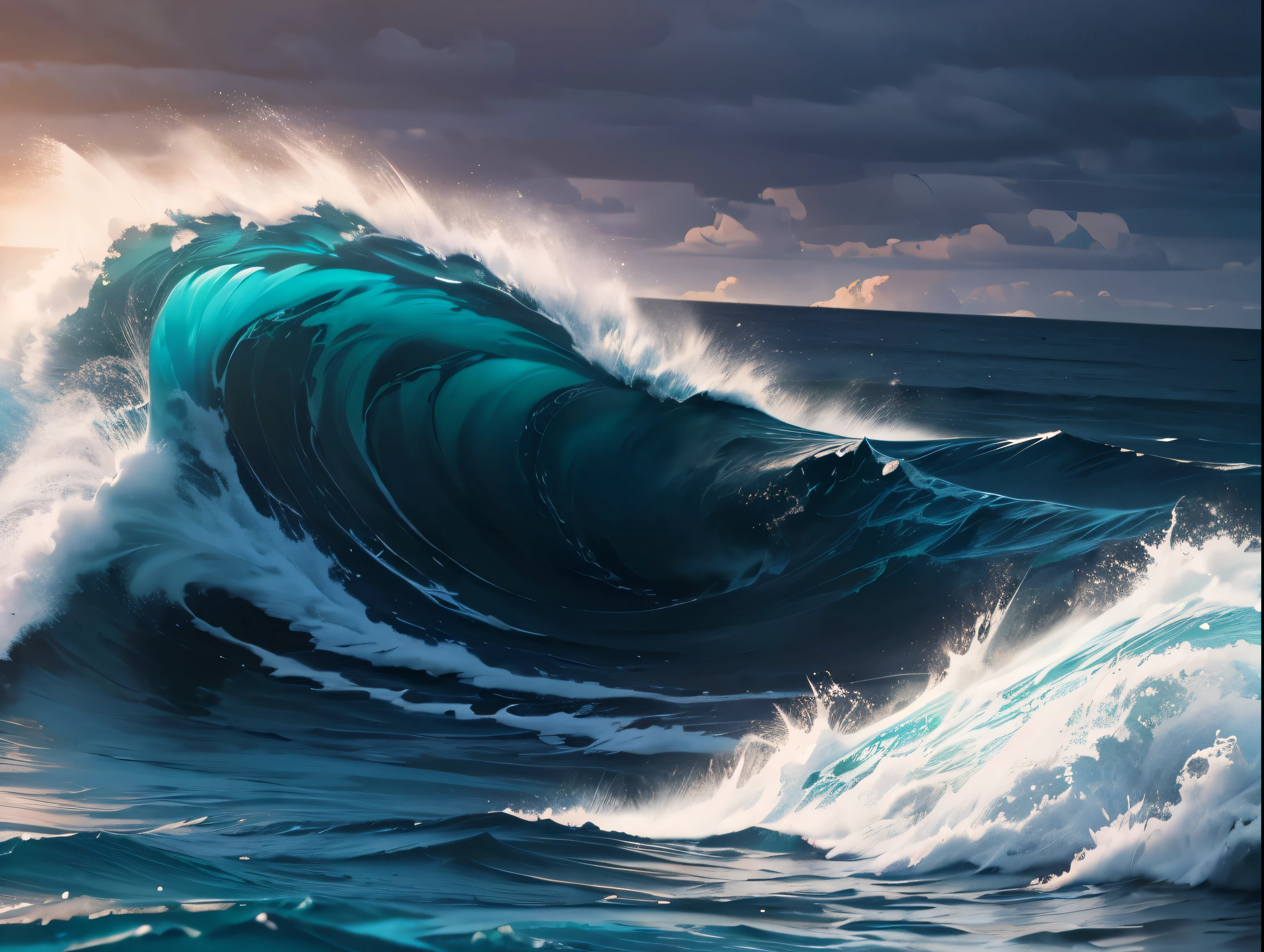 a powerful crashing wave, massive wave, ocean wave, huge wave, epic wave, dramatic wave, moody wave, dynamic wave, turquoise blue water, white foaming crest, deep blue ocean, photorealistic, cinematic lighting, (best quality,4k,8k,highres,masterpiece:1.2),ultra-detailed,(realistic,photorealistic,photo-realistic:1.37),dramatic lighting,dramatic angle,dramatic composition,cinematic composition,dramatic sky,dramatic clouds,dramatic atmosphere