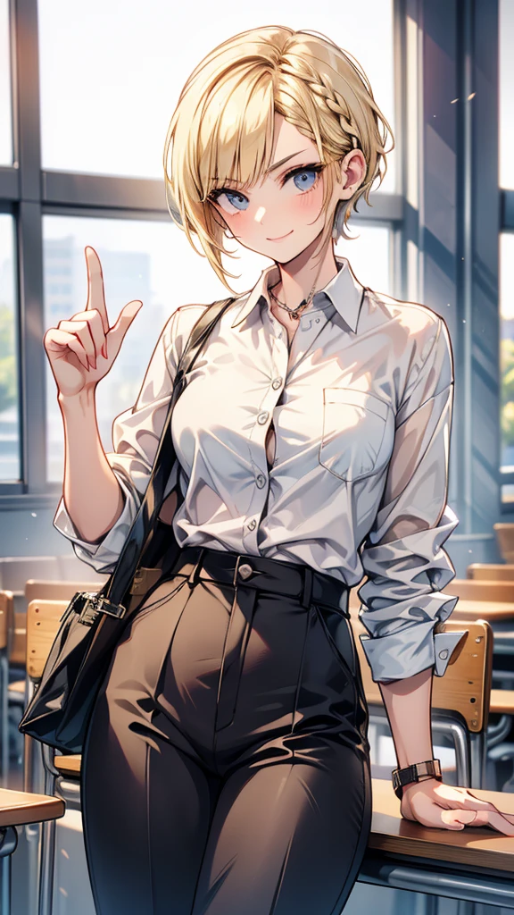 Adult women　Pixie Cut　Small braids　Blonde　smile　Glare　frivolous attitude　tall　shirt　slacks　lecture hall