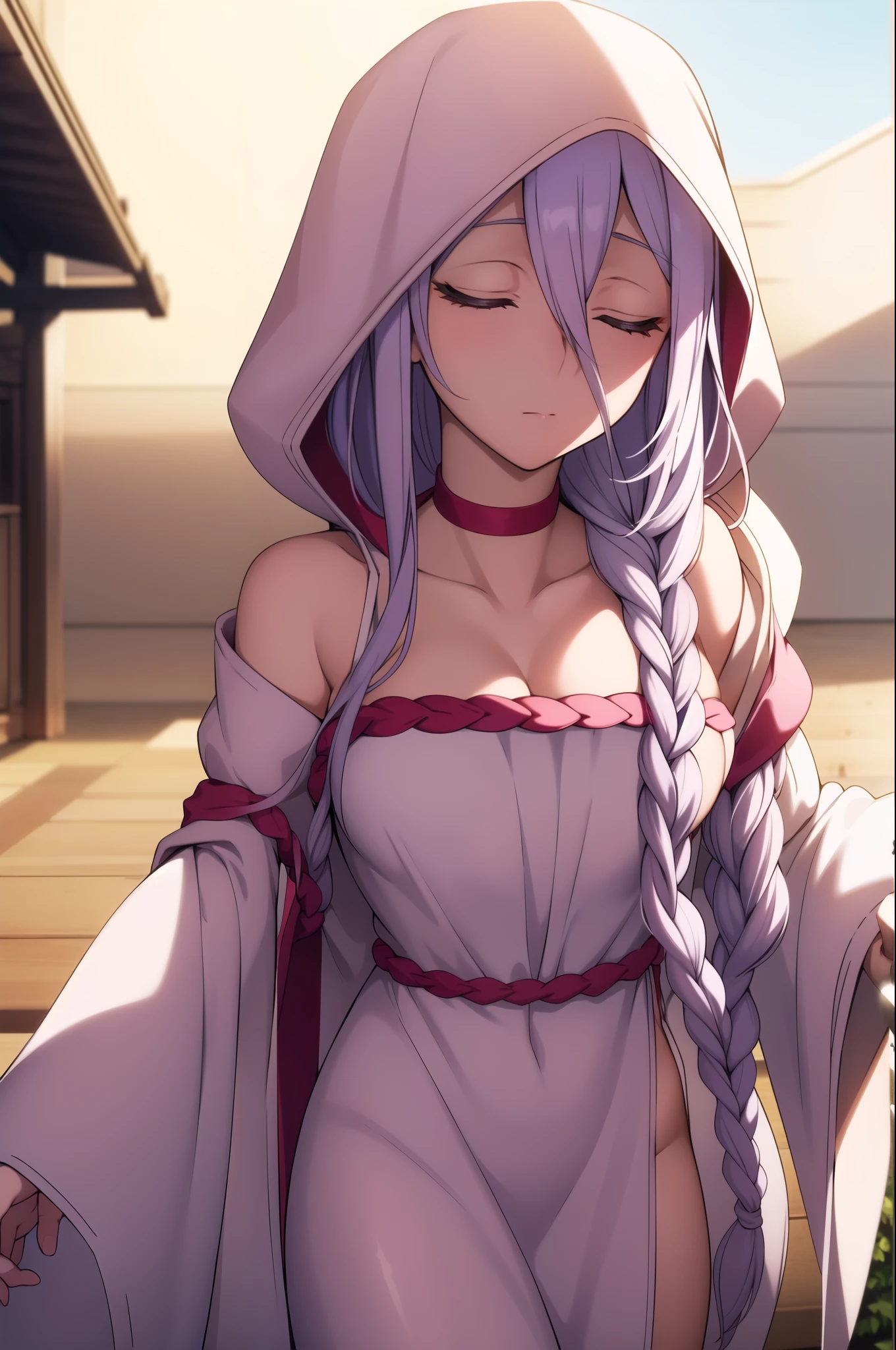 ç½ç»,1girl,expressionless,long braid,hair over shoulder,colored eyelashes,closed eyes,
ç½,white hood,hood up,red choker,bare shoulders,cleavage,white dress,detached sleeves,long sleeves,wide sleeves,nsfw,, 20yo,Young female,Beautiful Finger,Beautiful long legs,Beautiful body,Beautiful Nose,Beautiful character design, perfect eyes, perfect face,expressive eyes,
looking at viewer,
official art,extremely detailed CG unity 8k wallpaper, perfect lighting,Colorful, Bright_Front_face_Lighting,shiny skin, 
(masterpiece:1.0),(best_quality:1.0), ultra high res,4K,ultra-detailed,
photography, 8K, HDR, highres, absurdres:1.2, Kodak portra 400, film grain, blurry background, bokeh:1.2, lens flare, (vibrant_color:1.2), (beautiful_face:1.5),(narrow_waist), ,NSFW,