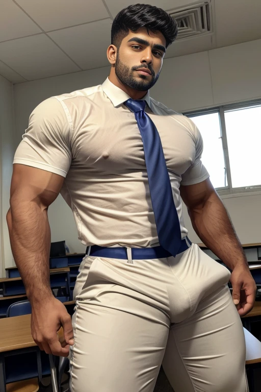 18 years old indian school boy with small beard mascular dark skin jaat with spiky hairstyle in , head to thighs, indian school boy, beautiful eyes, large lips, volumeric light, wearing tight white shirt, navy trouser, navy tie, huge bulge, muscular chest, long legs, left neck look, Wide shoulders, nice detailed hands, standing in school classroom background, sunny day, daylight