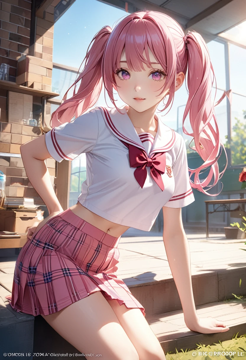 (8K, masutepiece, Best Quality, Official art, beautiful detailed, beautiful lighting, best masterpiece in history that exceeds limits), (1 Girl, Solo), (), (beautiful detailed face), (shiny white skin), (Beautiful big bust:1.3), (thighs, navel:1.2), (beautiful detailed pink twin tails hair, Bangs:1.3), (beautiful detailed drooping pink eyes:1.5), (high school uniform:1.3), (patsel pink sailor collar, white short sleeves short length outing shirt, pastel pink pleated skirt, patsel pink ribbon:1.3), (happy smile:1.2), (Attractive, Look at the camera, cute pose), breathtaking scenery, (ultra detailed realistic Beautiful field of sunflowers, blue sky, summer, water gun, Water スプラッシュ, water droplets:1.2),