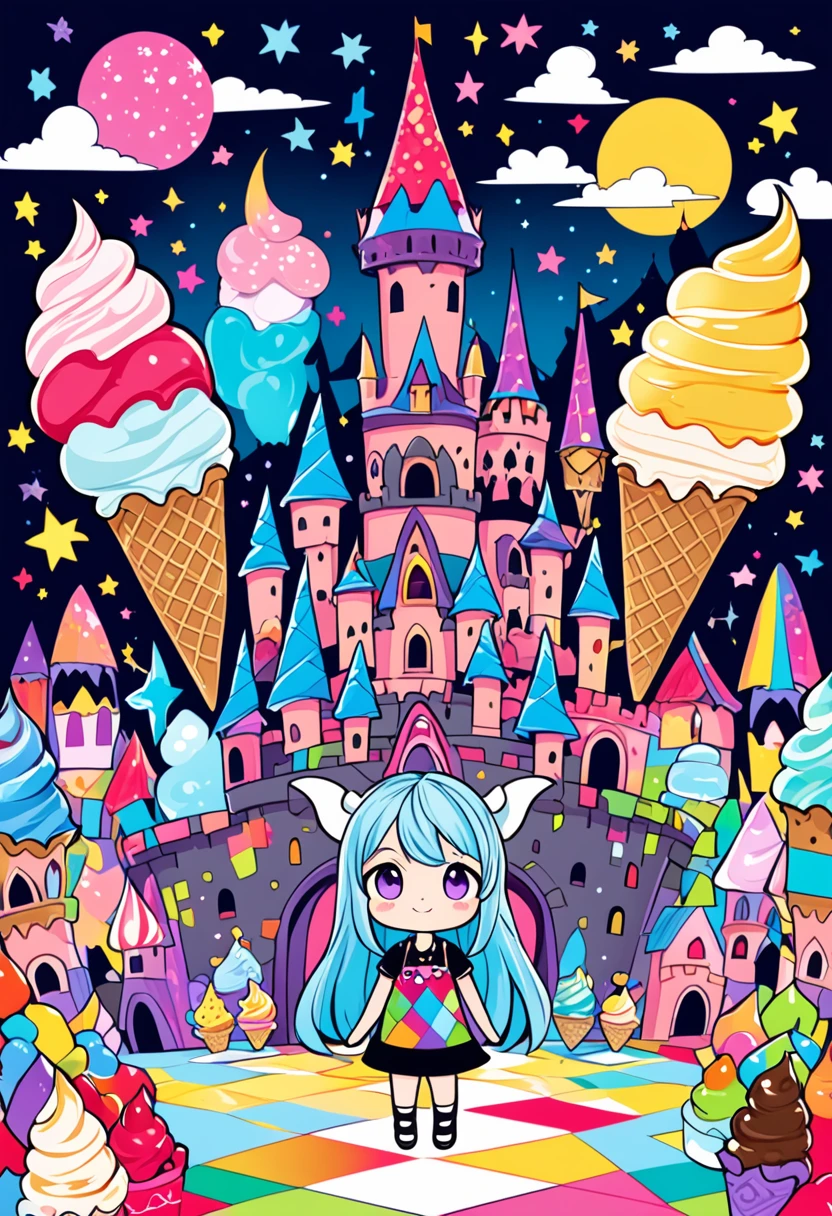 cute pretentious girl, colorful soft serve ice cream, poorly drawn cartoon-style images, colorful patchwork of contrast magic, funny dark fantasy , background demon castle