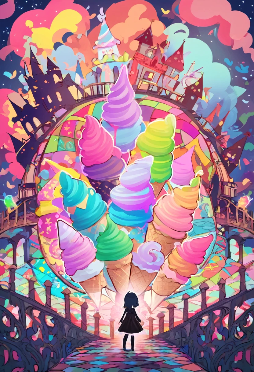 cute pretentious girl, colorful soft serve ice cream, poorly drawn cartoon-style images, colorful patchwork of contrast magic, funny dark fantasy , background demon castle