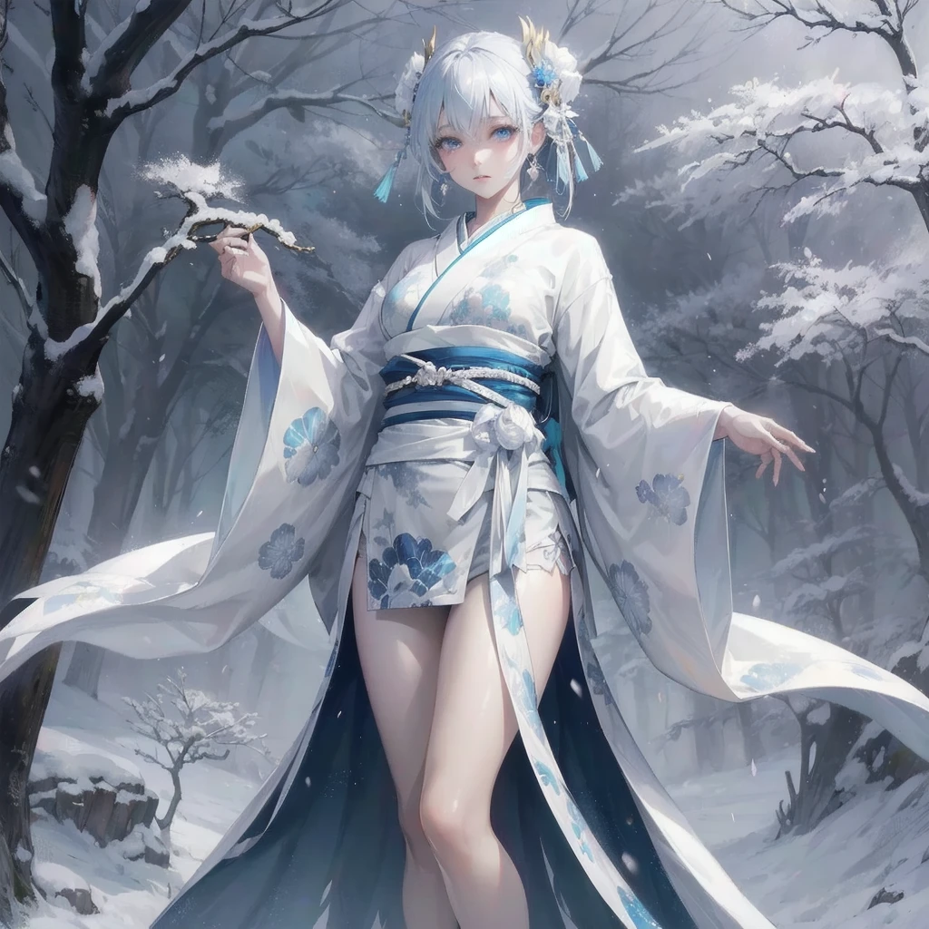 masterpiece, (textured skin), best quality, gorgeous beautiful, (a beautiful girl,yukionna,japanese snow fairy),detailed clothes,large breasts,narrow waist,, (beautiful face), cinematic lighting, (fantasy anime art ),