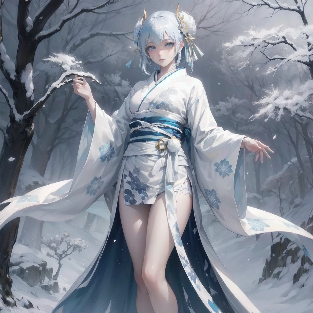 masterpiece, (textured skin), best quality, gorgeous beautiful, (a beautiful girl,yukionna,japanese snow fairy),detailed clothes,large breasts,narrow waist,, (beautiful face), cinematic lighting, (fantasy anime art ),