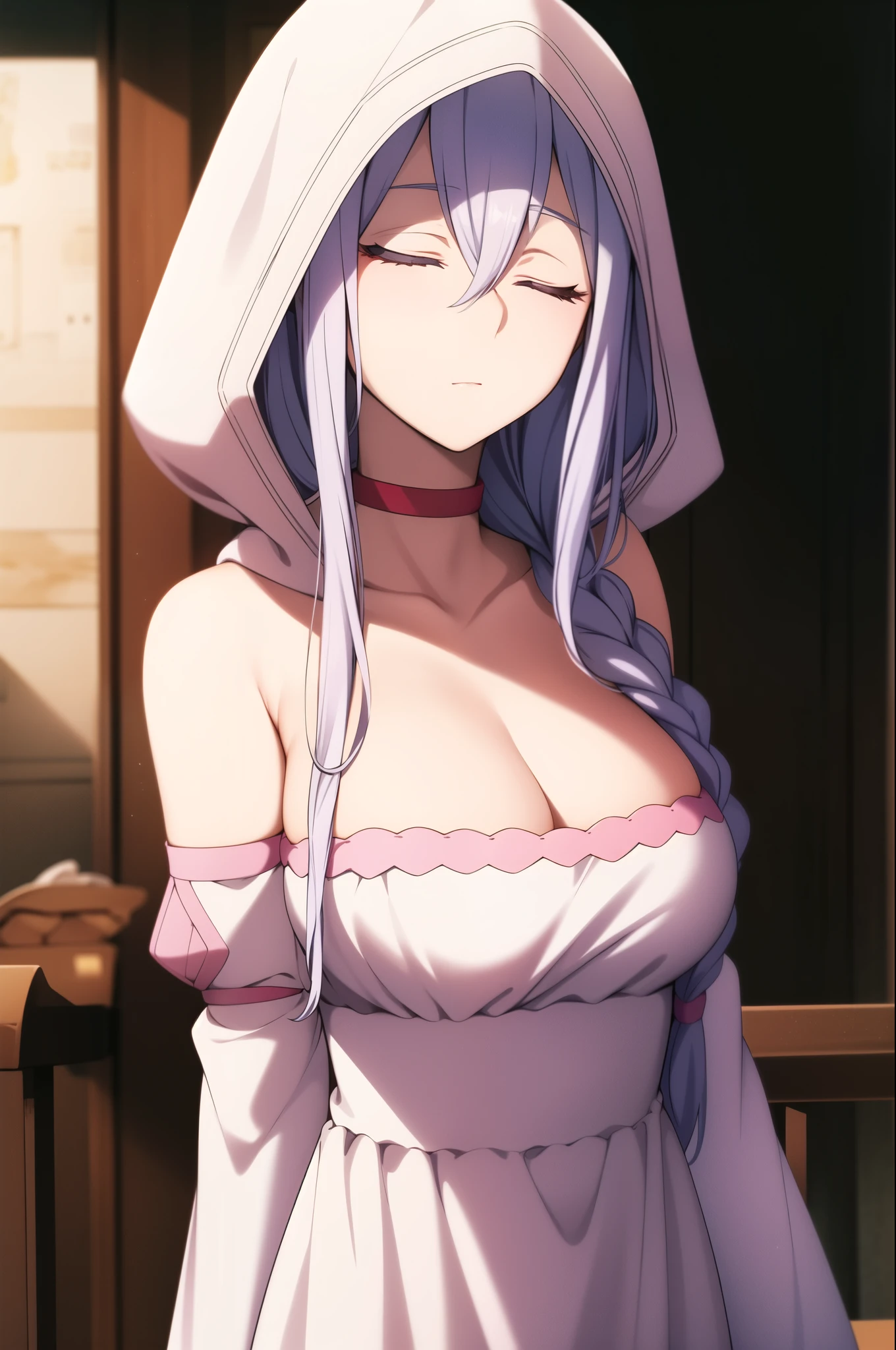 ç½ç»,1girl,expressionless,long braid,hair over shoulder,colored eyelashes,closed eyes,
ç½,white hood,hood up,red choker,bare shoulders,cleavage,white dress,detached sleeves,long sleeves,wide sleeves,nsfw,, 20yo,Young female,Beautiful Finger,Beautiful long legs,Beautiful body,Beautiful Nose,Beautiful character design, perfect eyes, perfect face,expressive eyes,
looking at viewer,
official art,extremely detailed CG unity 8k wallpaper, perfect lighting,Colorful, Bright_Front_face_Lighting,shiny skin, 
(masterpiece:1.0),(best_quality:1.0), ultra high res,4K,ultra-detailed,
photography, 8K, HDR, highres, absurdres:1.2, Kodak portra 400, film grain, blurry background, bokeh:1.2, lens flare, (vibrant_color:1.2), (beautiful_face:1.5),(narrow_waist), ,NSFW,