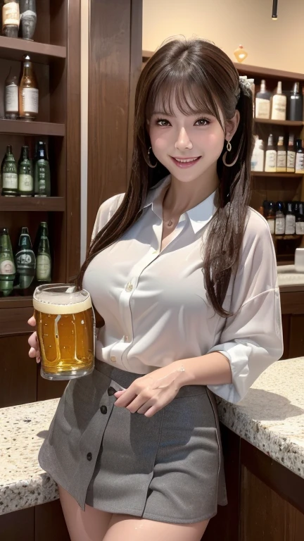 High resolution, (((Highest quality, Highest quality, 8k, masterpiece: 1.3)), Perfect Style, Highly detailed face and skin texture, Detailed eyes, double eyelid, Pale Cheeks, Glowing Skin, Fair skin: 1.2, Shiny little collar and earrings, Glossy Lips: 1.4, (Cowboy Shot), ( Pure girl: 1.2), , ( Dark brown hair),Twin tails、 (A very seductive smile: 1.2), ( Natural Breasts), Wet Skin: 1.2, ((Cheering beer)),holding a beer mug, Izakaya、Standing bar、office worker's clothes、White blouse、Grey mini skirt、Inside the store at night、In the background there is a shelf lined with sake.、