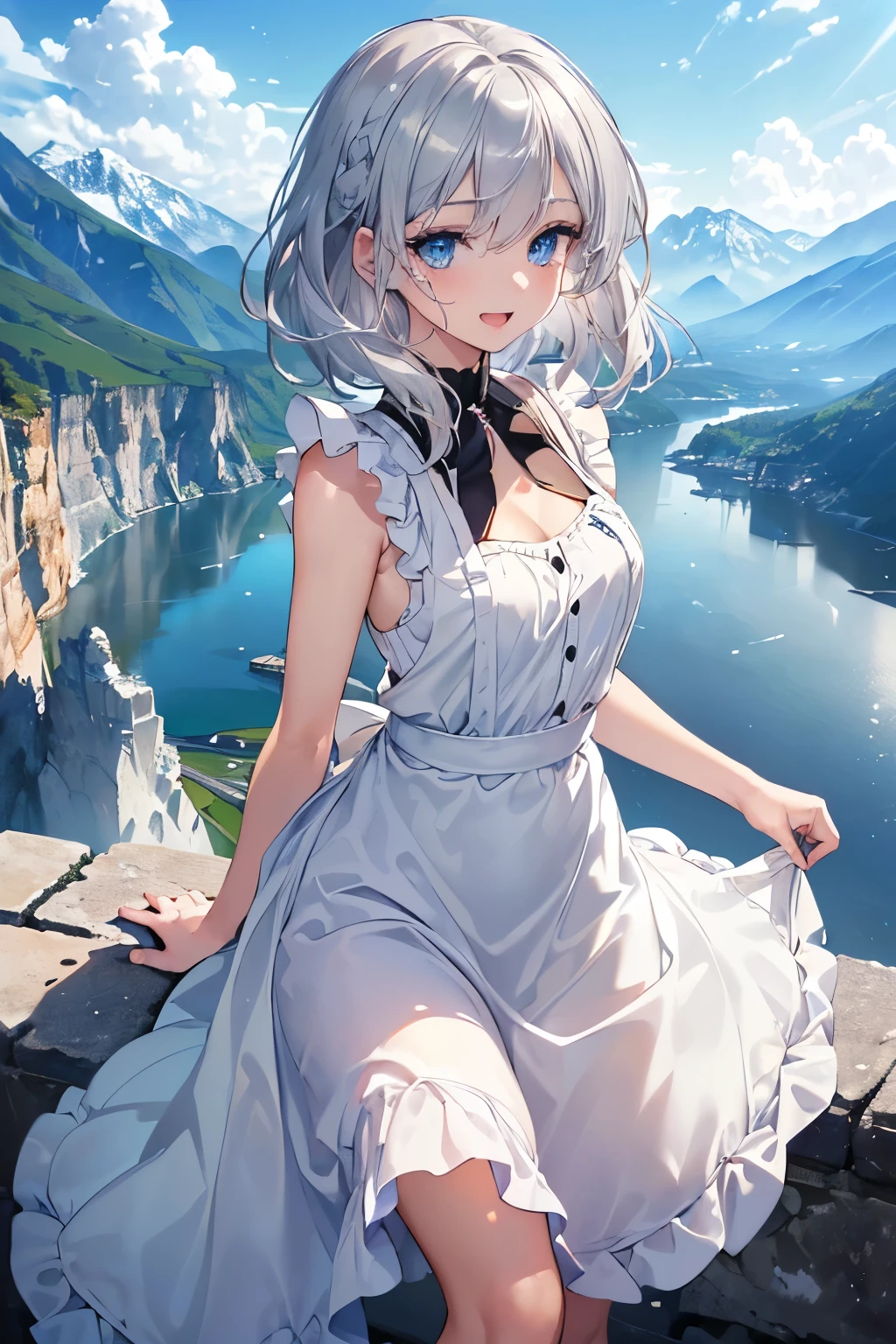 (Best quality,4K,8K,High resolution,Masterpiece:1.2),Super detailed,(Actual, Realistic),
break,
((Beautiful clear blue eyes:1.2)),very kind eyes,eyes wide open,beautiful eyelashes,beautiful lower eyelashes,
break,
((Beautiful and shiny silver hair:1.3)),A dazzling smile, a bursting smile, an open mouth laugh,
break,
((A bodice that opens in the front and is tightened with a short, sleeveless string that emphasizes the chest, a blouse with a deep neckline, a skirt that covers the ankles, and a brightly colored apron:1.3)),
break,
very happily,((bust shot)),zoom in,((Alps in the background:1.3))