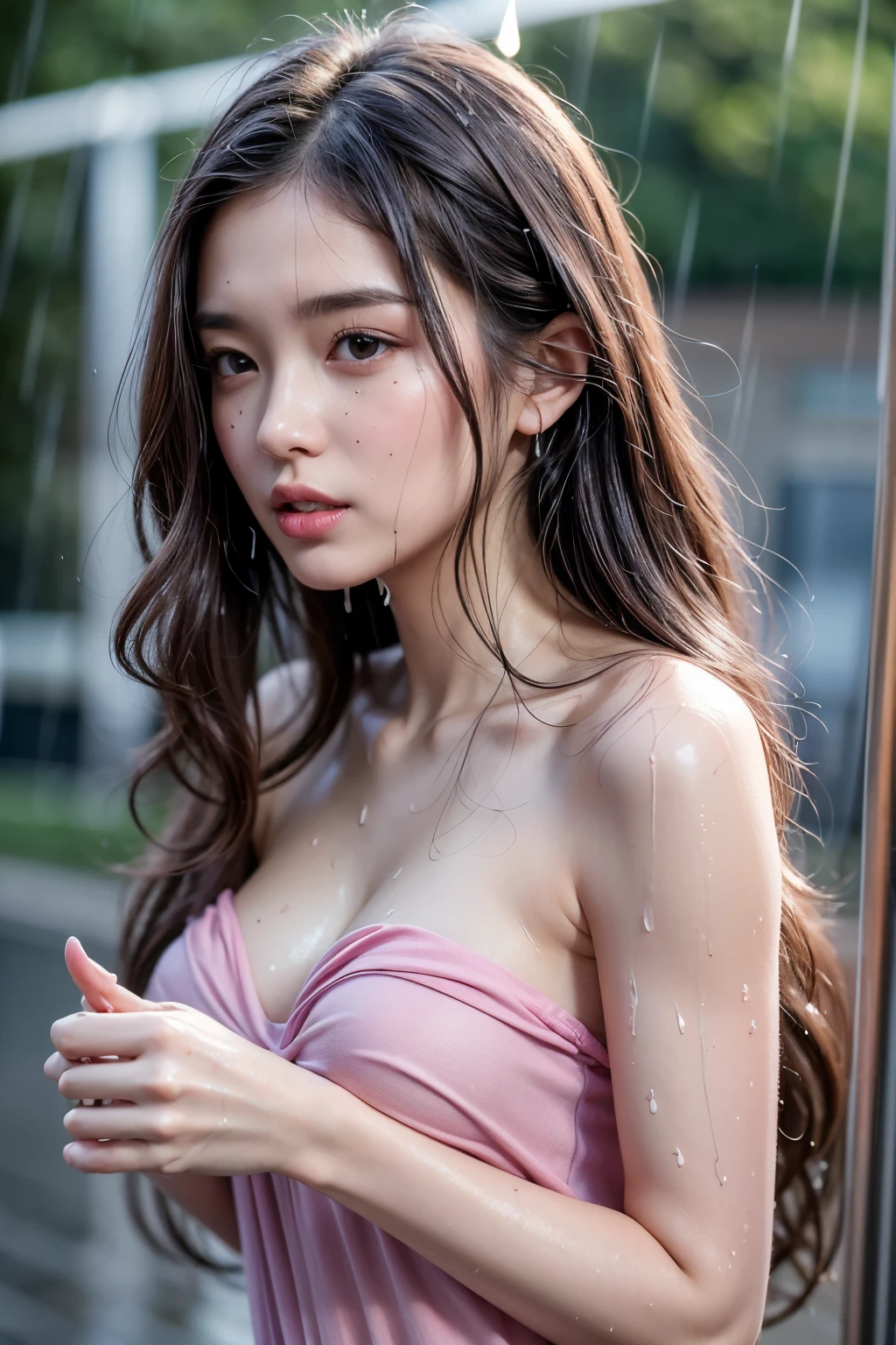 ((best quality, 8 k, masterpiece: 1.3)), focus: 1.2, perfect body beauty: 1.4, boo: 1.2, ((long hair)), (wet clothes: 1.1), (Rain, Street: 1.3), pink strapless dress with: 1.1, highly detailed facial and skin --auto --s2