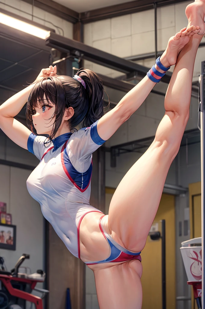 (Highest quality、8k、Masterpiece)、の女性Gymnast、Gymnast、Leg splits、The most beautiful Japanese woman in the world、装飾と模様が付いたGymnastのHigh leg、Heavy makeup、Flexible body、High leg、She is performing gymnastics