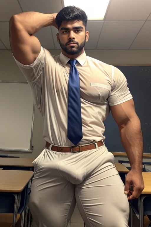 18 years old indian school boy with small beard mascular dark skin jaat with spiky hairstyle in , head to thighs, indian school boy, beautiful eyes, large lips, volumeric light, wearing tight white shirt, navy trouser, navy tie, huge bulge, muscular chest, long legs, left neck look, Wide shoulders, nice detailed hands, standing in school classroom background, sunny day, daylight