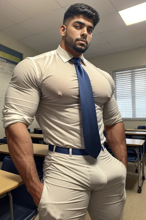 18 years old indian school boy with small beard mascular dark skin jaat with spiky hairstyle in , head to thighs, indian school boy, beautiful eyes, large lips, volumeric light, wearing tight white shirt, navy trouser, navy tie, huge bulge, muscular chest, long legs, left neck look, Wide shoulders, nice detailed hands, standing in school classroom background, sunny day, daylight