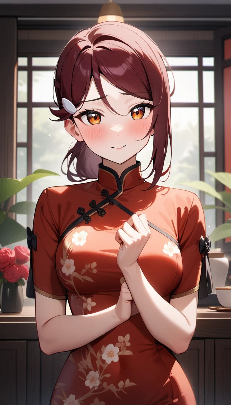 gonzarez, masterpiece, , 1girl, solo, smile, green eyes, orange hair , side ponytail, looking at viewers , multi colour Chinese dress, 