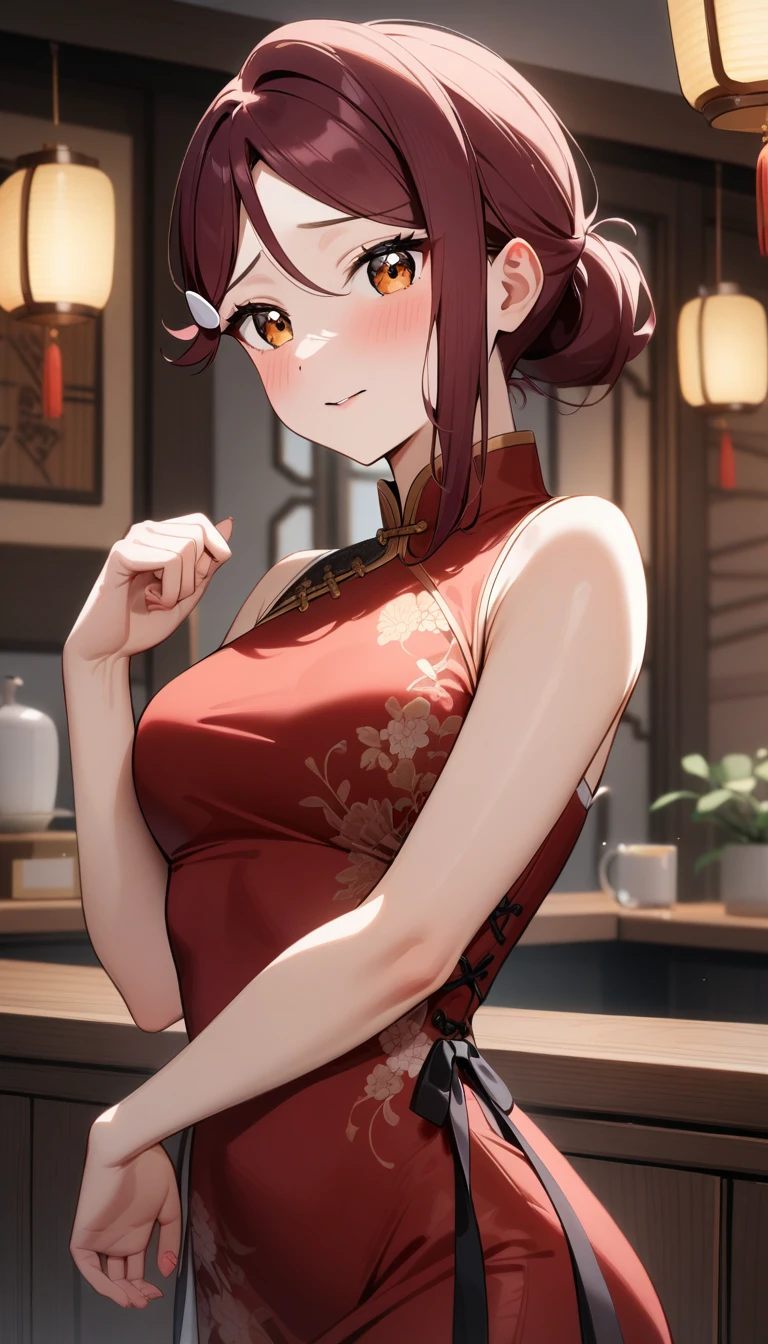 1girl, sakurauchi riko, love live!,upscale Chinese dress,Upper Body Shot,perfect hands,cheenes house,masterpiece,very aesthetic,newest,sensitive