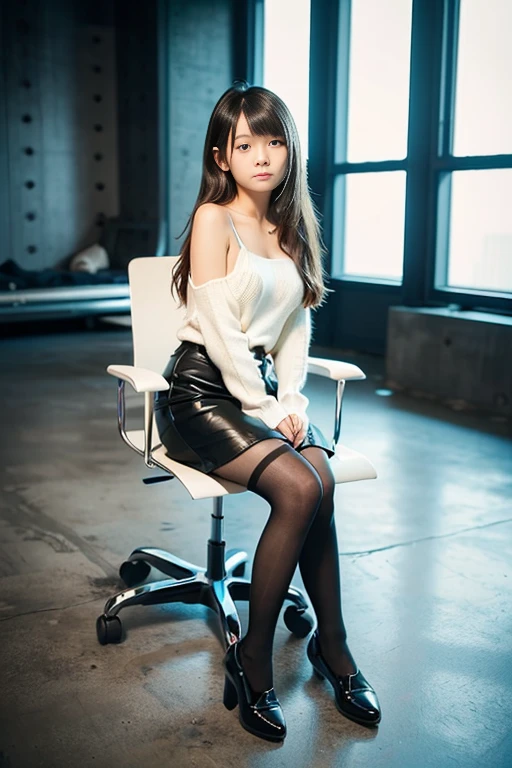 a beautiful japanese girl, (7 years old girl:1.2), Sitting in a chair, 8k, super detail, best quality, (photorealistic:1.4), (no expression:1.4),  tube top sweater, Leather skirt, black pantyhose, (full body:1.5), (very long hair), 1 girl, solo, simply background, Inside an empty concrete studio, first-person view