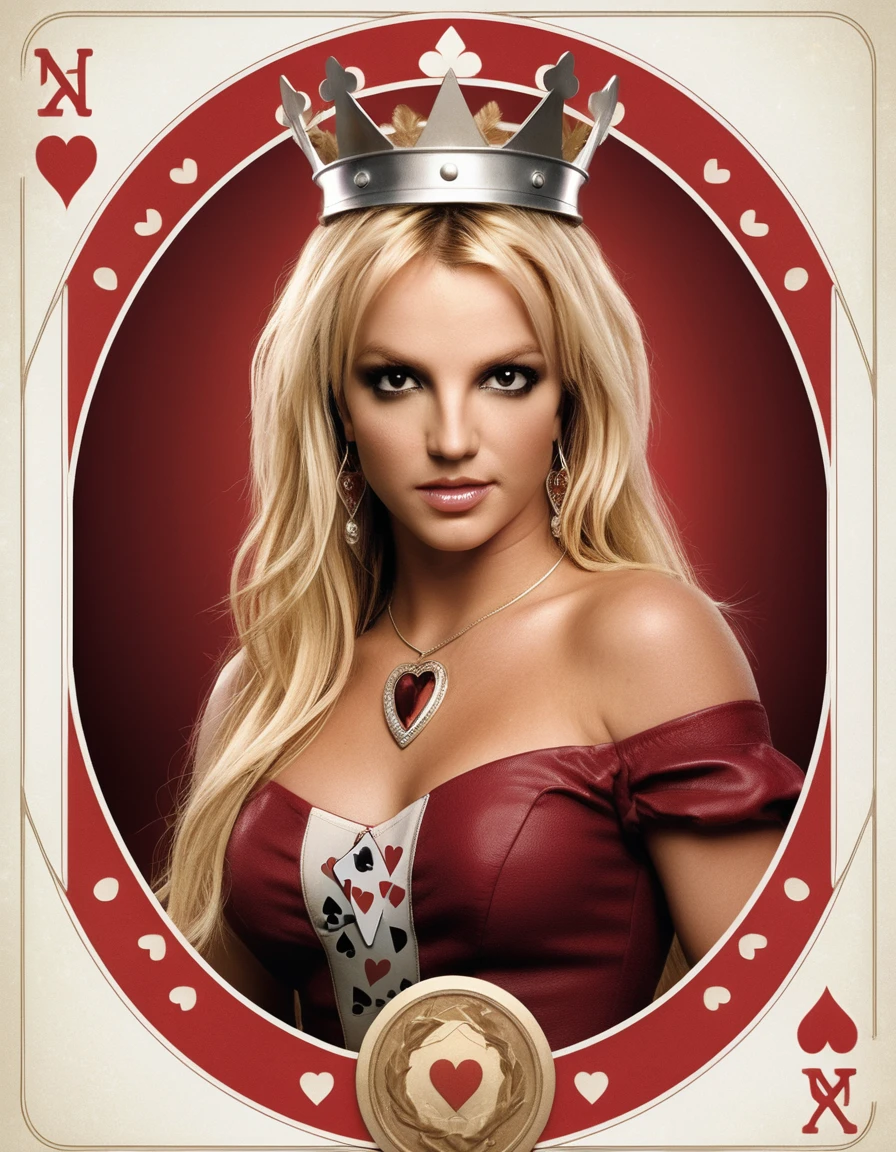 britney spears holding a playing card and wearing a crown, queen of hearts, the queen of hearts, Art style of Tom Bagshaw, fantasy card game art, poker card style, cheval michael (engine unreal, por Tom Bagshaw e Boris Vallejo, in style of anne stokes, artistic style tom bagshaw,  best qualityer, realisitic, realisitic, award-winning illustration, (Highly detailed face and skin texture), (fully body), (Complicated Detail: 1.2), (finely detail), (Complicated Detail), (Cinematic Lights, luz de fundo de best qualityer), Sharp lines, sharp focus, offcial art, unity 8k wallpaper , absurdrez, unbelievably absurd, huge filesize, mostrando o fully body- , Fantasyart, RTX,((Closing-up photo by award-winning studio)), , (Shut your mouth), , perfect hands, beautiful detailed eyes, face perfect