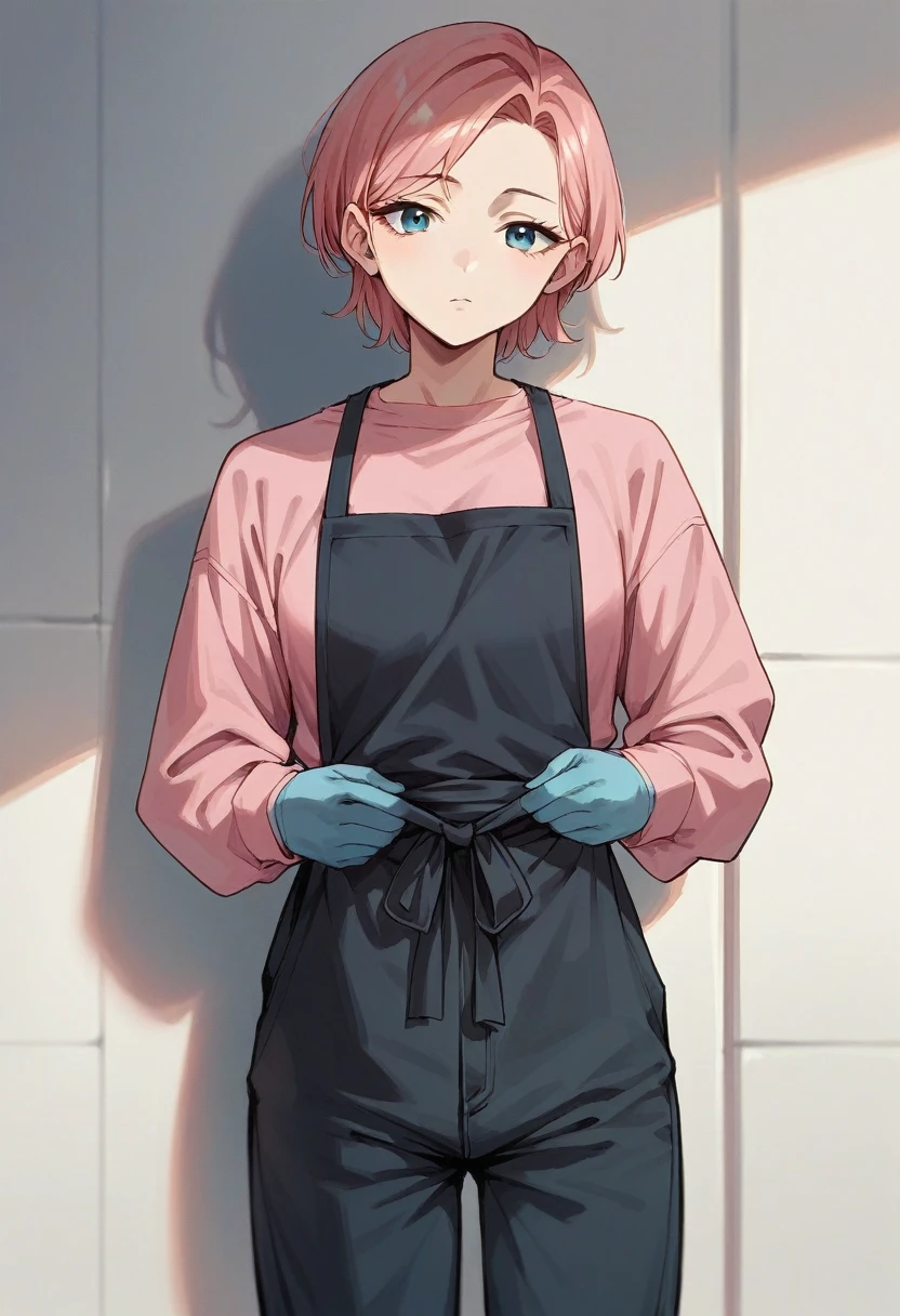 1girl, mari makinami, ((blue half elbow gloves)), (pink shirt), ((long sleeves)), (black apron), (pants), looking at viewer, standing, solo