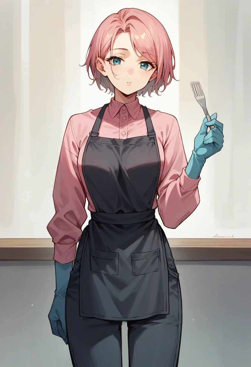 1girl, mari makinami, ((blue half elbow gloves)), (pink shirt), ((long sleeves)), (black apron), (pants), looking at viewer, standing, solo