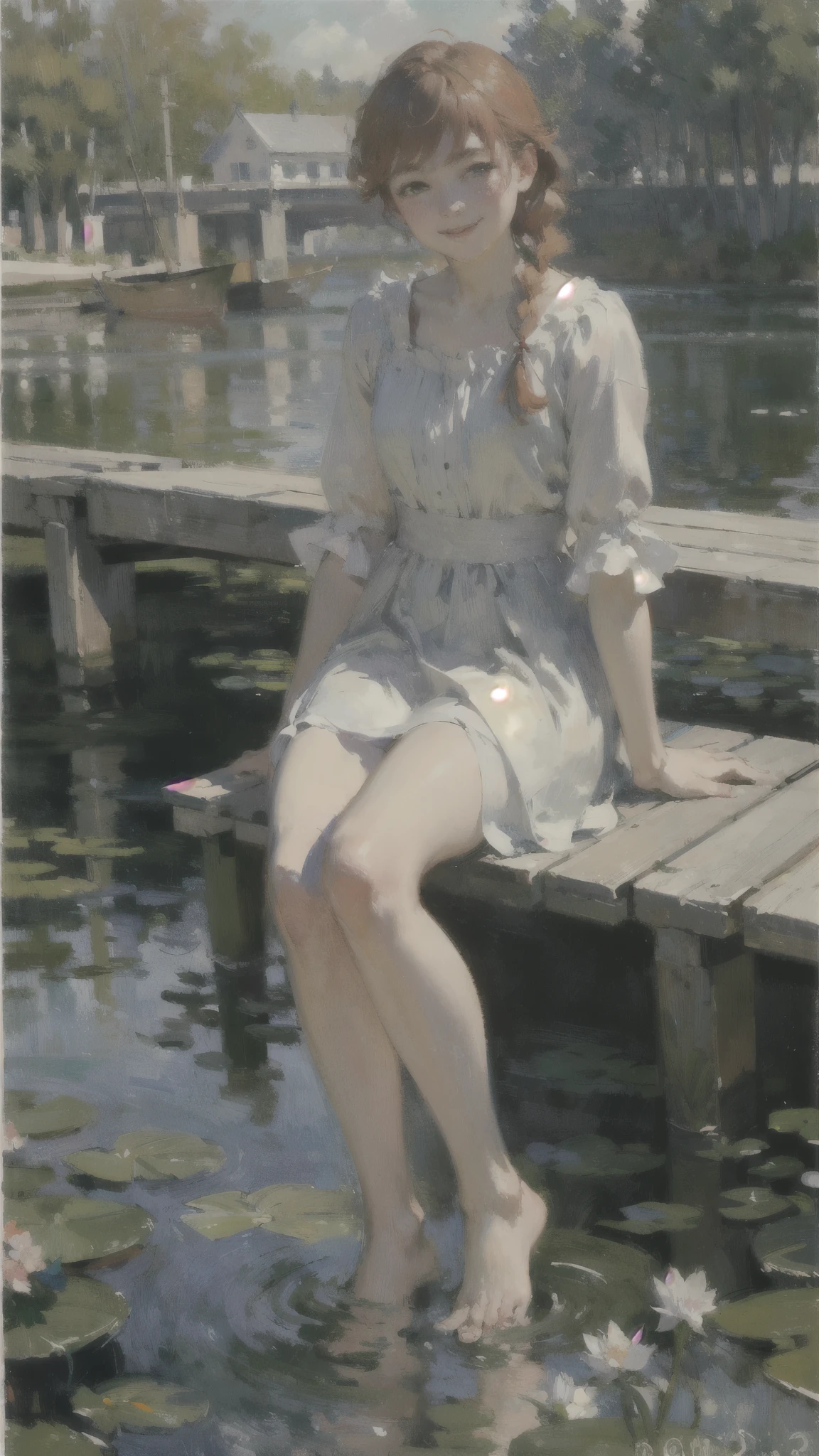 (masterpiece、Highest quality:1.2)、Close-up shot、1 female、Sitting on the pier、(Dip your feet in the pond:1.1)、barefoot、ankle、Moderate bust、Red hair、Braid、Freckles、smile、pastel colour、Post-Impressionism、oil、(Monet style)、