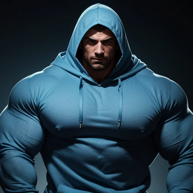 a very handsome man, massively muscular, with massively large muscles, with massively large and muscular body, with massively large and muscular biceps, with massively large and muscular arms, wearing a simple light blue hoodie with long sleeves, in a black background