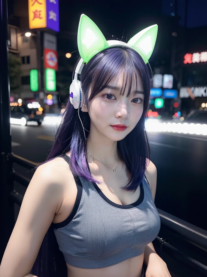 最high quality, masterpiece, 32K、Very detailed、Realistic、1 girl, Japanese women、Cute Face, (photo Actual:1.3),Bob Hair(Blue-violet hair color、Amazing blue and purple hairstyles)、Edge lighting, (Skin with attention to detail:1.2), 8k超High resolution, Single-lens reflex camera, high quality, High resolution, 4K, 8k, Optimal ratio of four fingers to one thumb, (Actual:1.3), cute 1 girl, Realistic、Super Realistic、32K、Very detailed、masterpiece, 最high quality, beautiful girl, beauty、Mecha, Beautiful lighting, (Neon Light:1.2), (night:1.5), K-Pop Idol Costumes、Sleeveless outfit、White-based houndstooth pattern sleeveless top、Jersey fabric shorts、Large Breasts(big 、There is a valley)、Large Breasts(Big Tits、H Cup)、Bursting 、Sleeveless tops that reveal cleavage、Cat ears microphone headphones(Headphones Gaming Headgear with Mic、Head Fan)、Are standing、Cyber Neon、Future City、Skyscraper、都会のnight、Shanghai、big cities、night景、綺麗なnight景