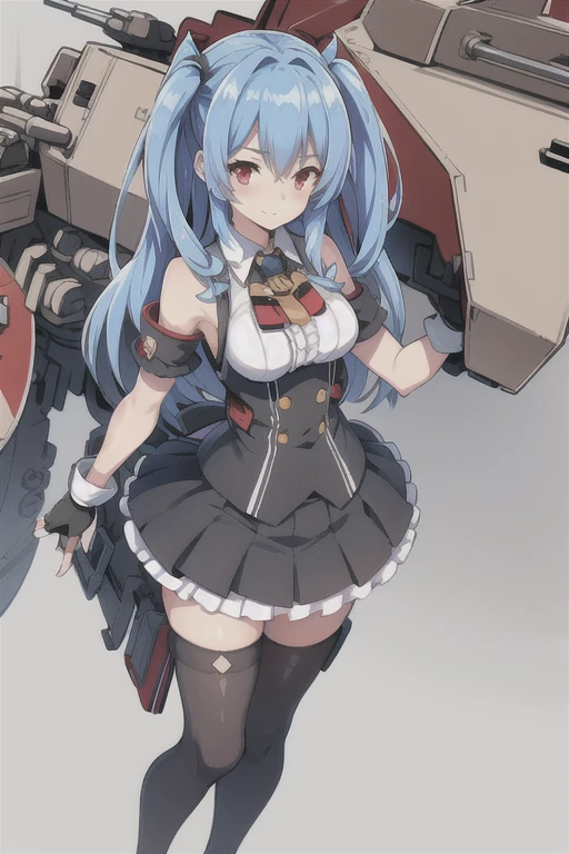 prinz eugen \(warship girls r\), ((masterpiece)),(((best quality))),((ultra-detailed)),((illustration)),((disheveled hair)),((frills)),(1 girl),(solo), 1girl, bare shoulders, black skirt, blue hair, breasts, cannon, detached sleeves, fingerless gloves, gloves, long hair, looking at viewer, mecha musume, medium breasts, miniskirt, pleated skirt, red eyes, rigging, skirt, solo, standing, sword, thighhighs, turret