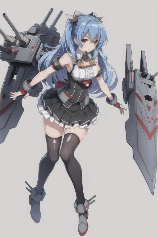 prinz eugen \(warship girls r\), ((masterpiece)),(((best quality))),((ultra-detailed)),((illustration)),((disheveled hair)),((frills)),(1 girl),(solo), 1girl, bare shoulders, black skirt, blue hair, breasts, cannon, detached sleeves, fingerless gloves, gloves, long hair, looking at viewer, mecha musume, medium breasts, miniskirt, pleated skirt, red eyes, rigging, skirt, solo, standing, sword, thighhighs, turret